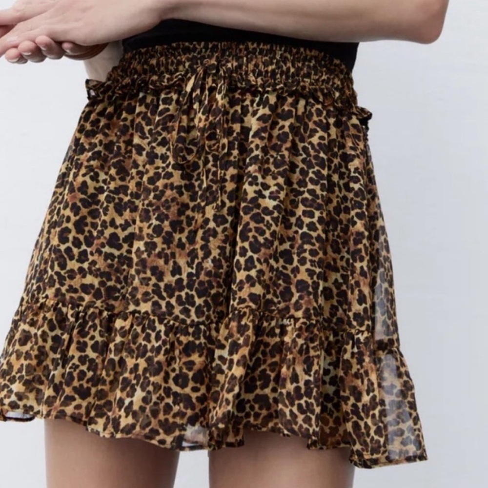 Zara Leopard Animal Print Ruffle Mini Skirt Women S NWT Drawstring - Picture 2 of 7